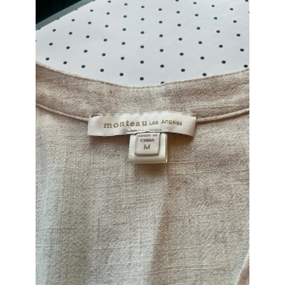Monteau Los Angeles Linen Blend Button Front Midi Dress Beige Ruffle Hem M - Picture 4 of 9